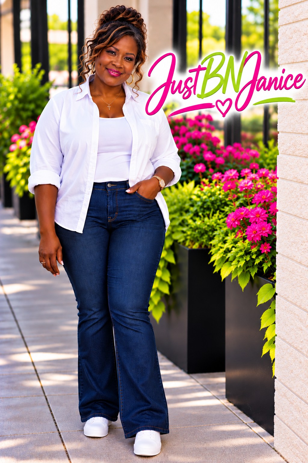 Janice Lockett Green in a white shirt and jeans